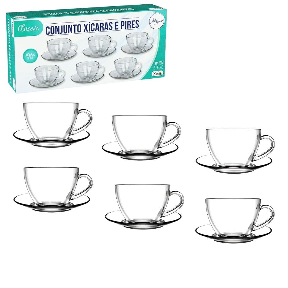 Jogo Xicaras 90Ml De Vidro Cha Com Pires 12Un - Classic Xicaras de Café Chá Mesa Posta Cozinha Casamento - PANAMI