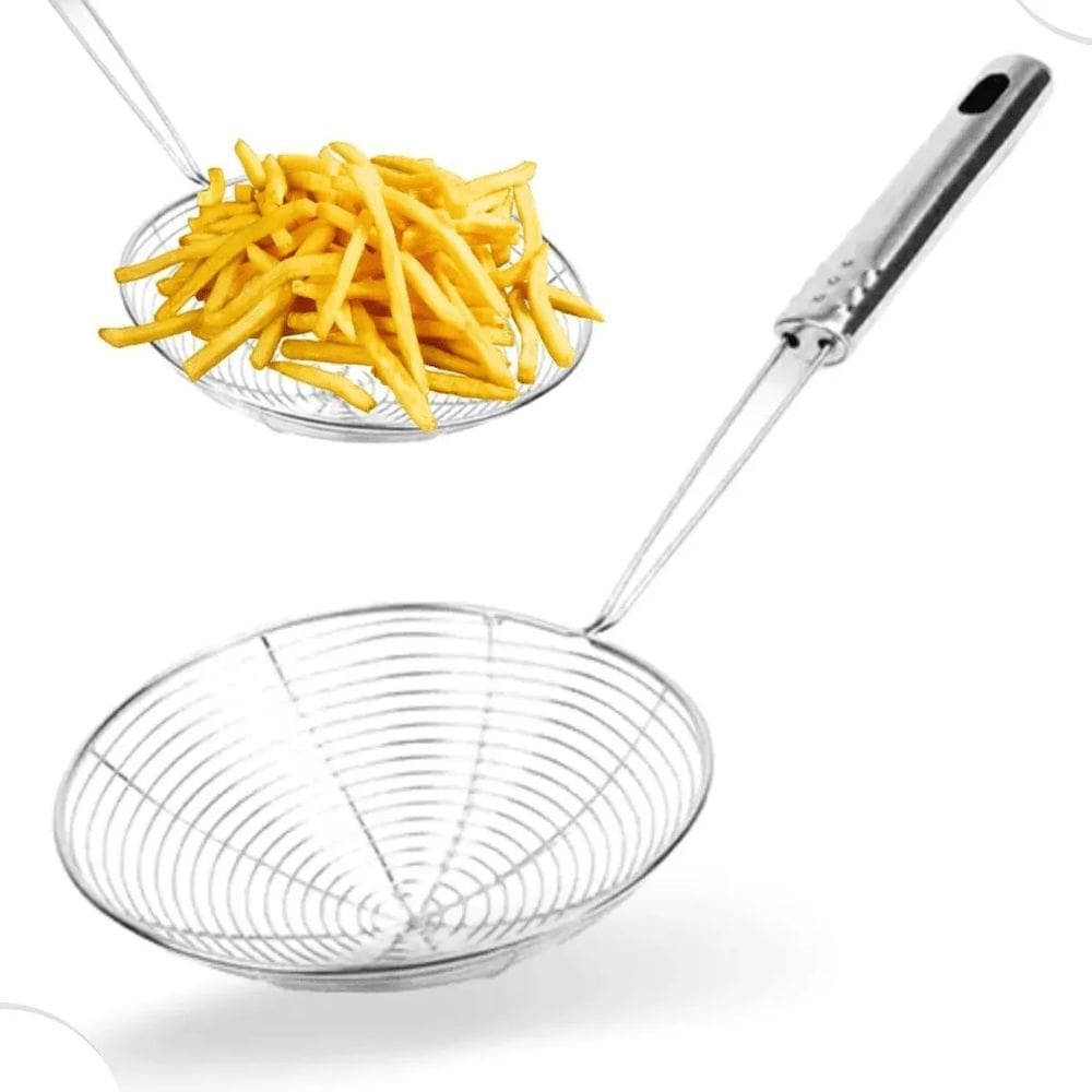 Escumadeira Peneira para Fritura - Batata Pastel Cesto Grande - Inox Cabo Plastico 18,5 cm - PANAMI