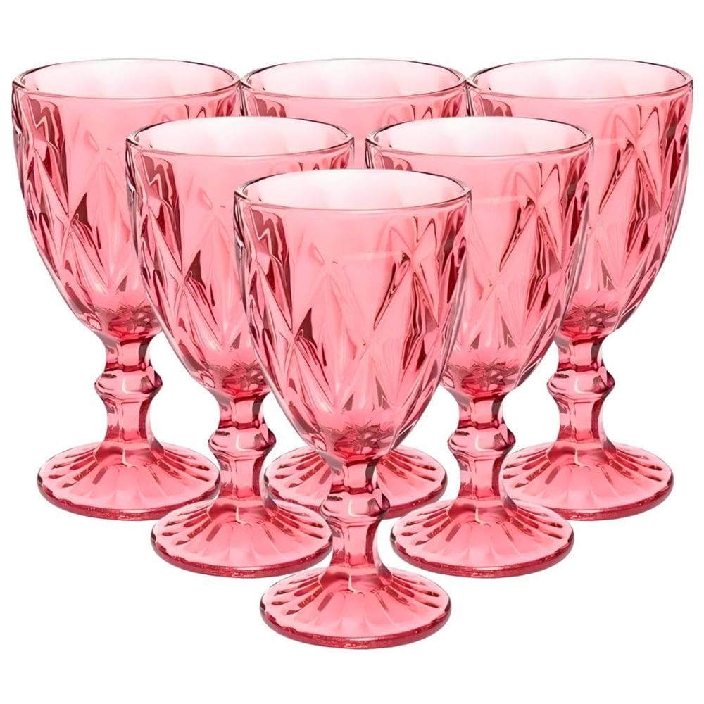 Jogo Com 6 Taças Diamond De Vidro Rosa 340ml