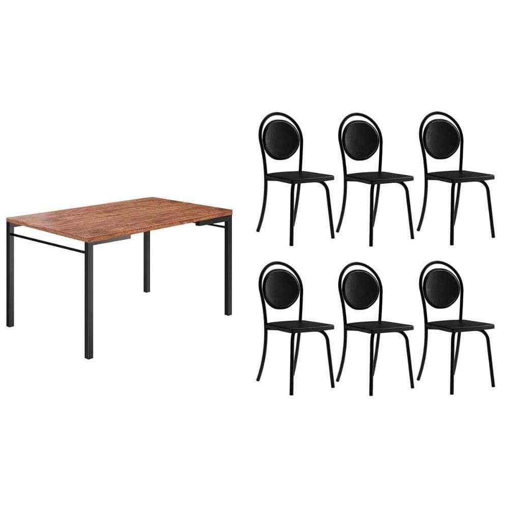 Sala de Jantar Completa 1526 c/ Tampo Madeirado 160x90cm e 6 Cadeiras 1738 Preto/Corano Preto - Carraro