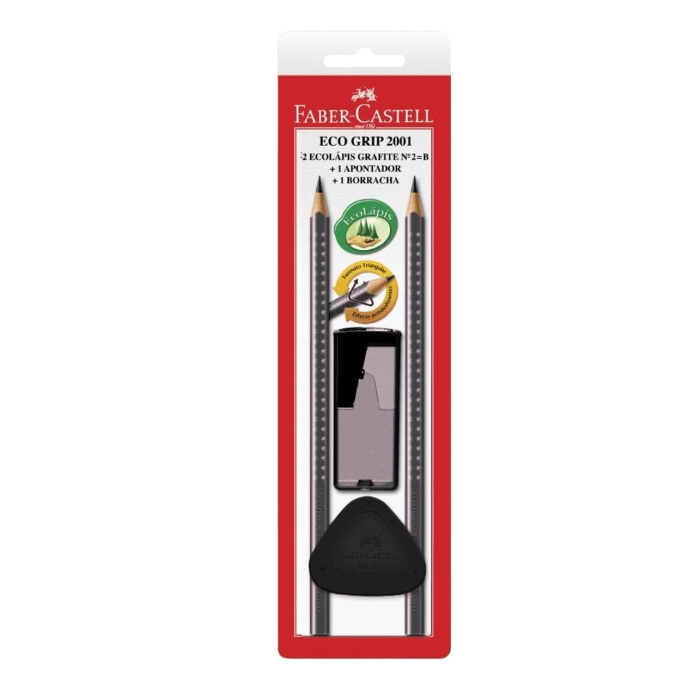 Kit Escolar 2 Lápis + 1 Apontador + 1 Borracha Preto Eco Grip Material 4 Itens - Faber Castell