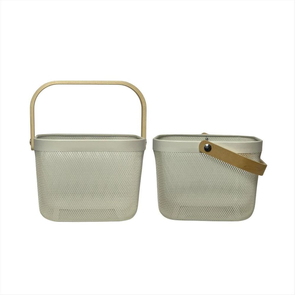 Kit 2 Cesto Multiuso Metal Alca Madeira Decoração Prateleira