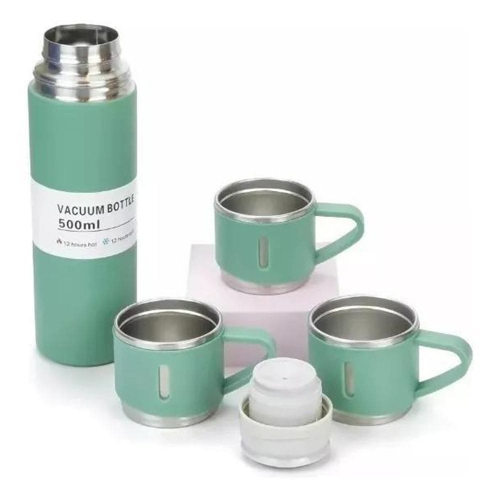 2X Garrafa Termica Camping Vacum 500Ml Com 3 Xícara Cor Verd