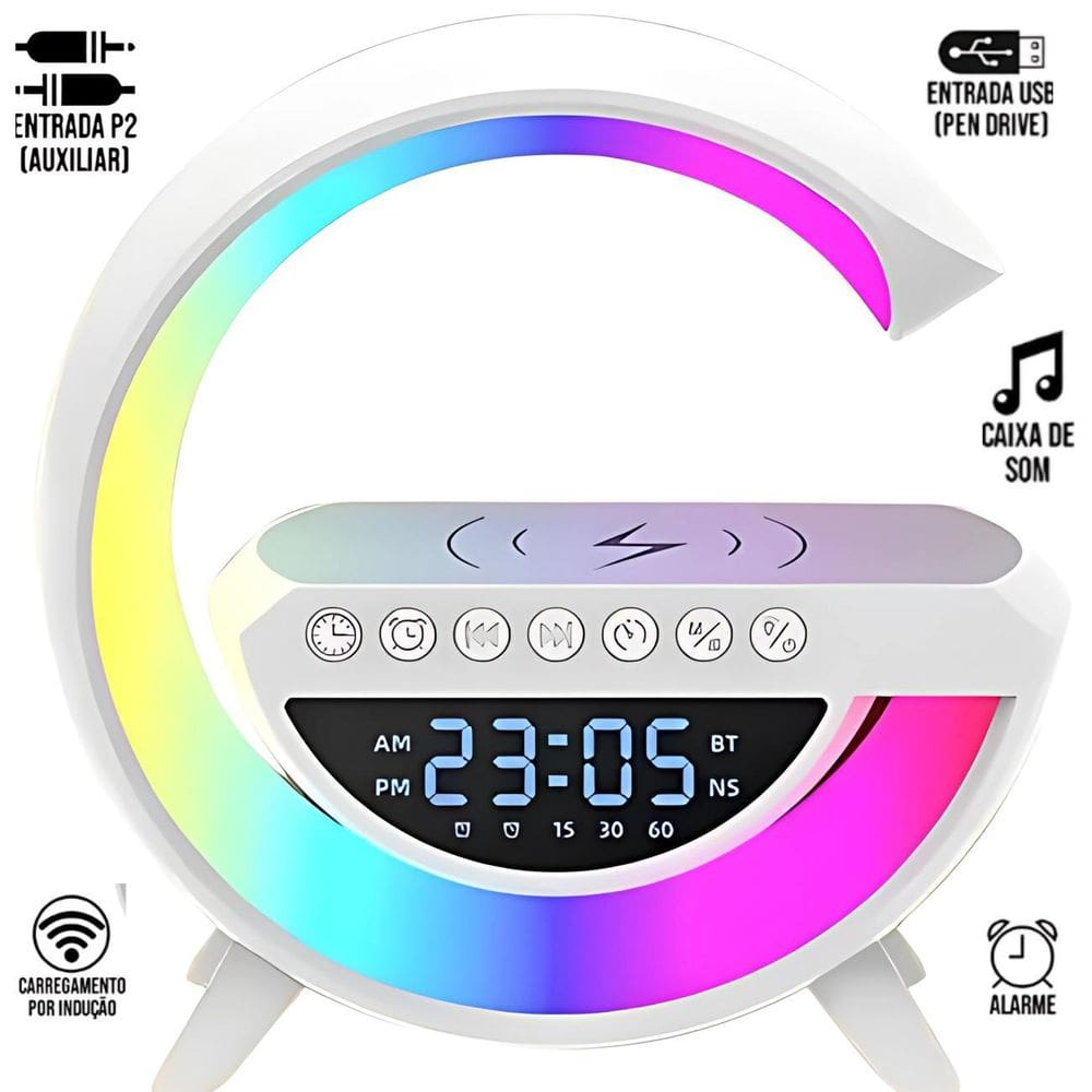 Luminária G Speaker Com Relógio - Som E Carregador Prático
