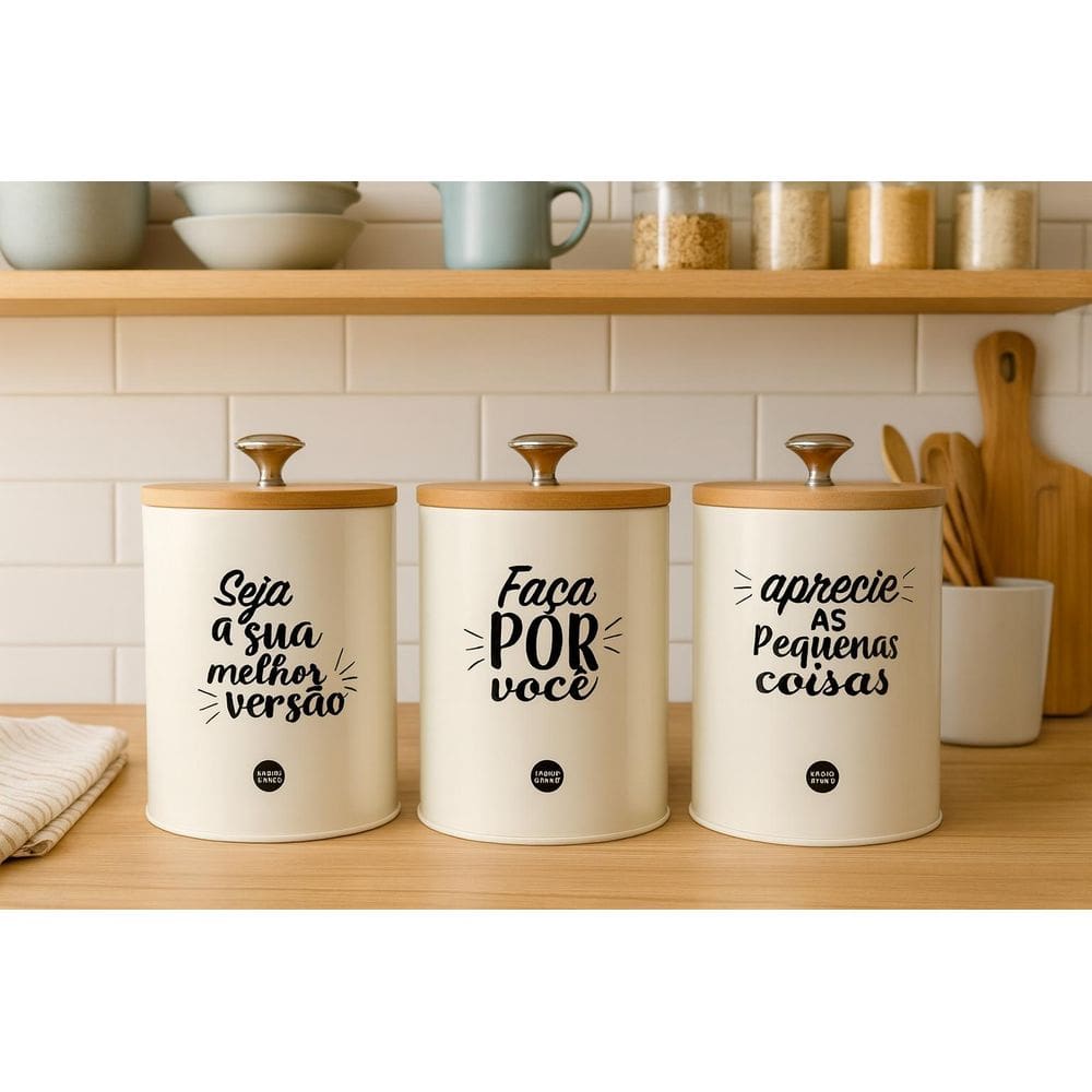 Kit 3 Latas Herméticas Com Frases E Tampa De Bambu Kit Creme