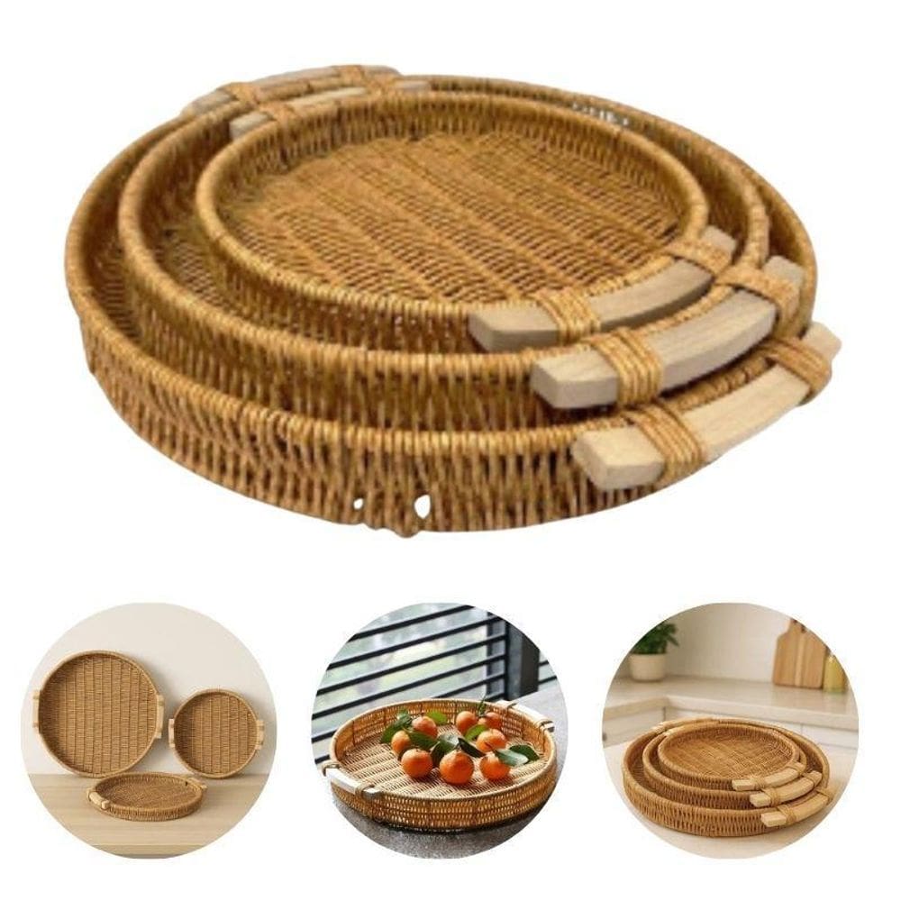 Kit Com 3 Bandejas Redonda Madeira 24Cm / 30Cm / 35Cm