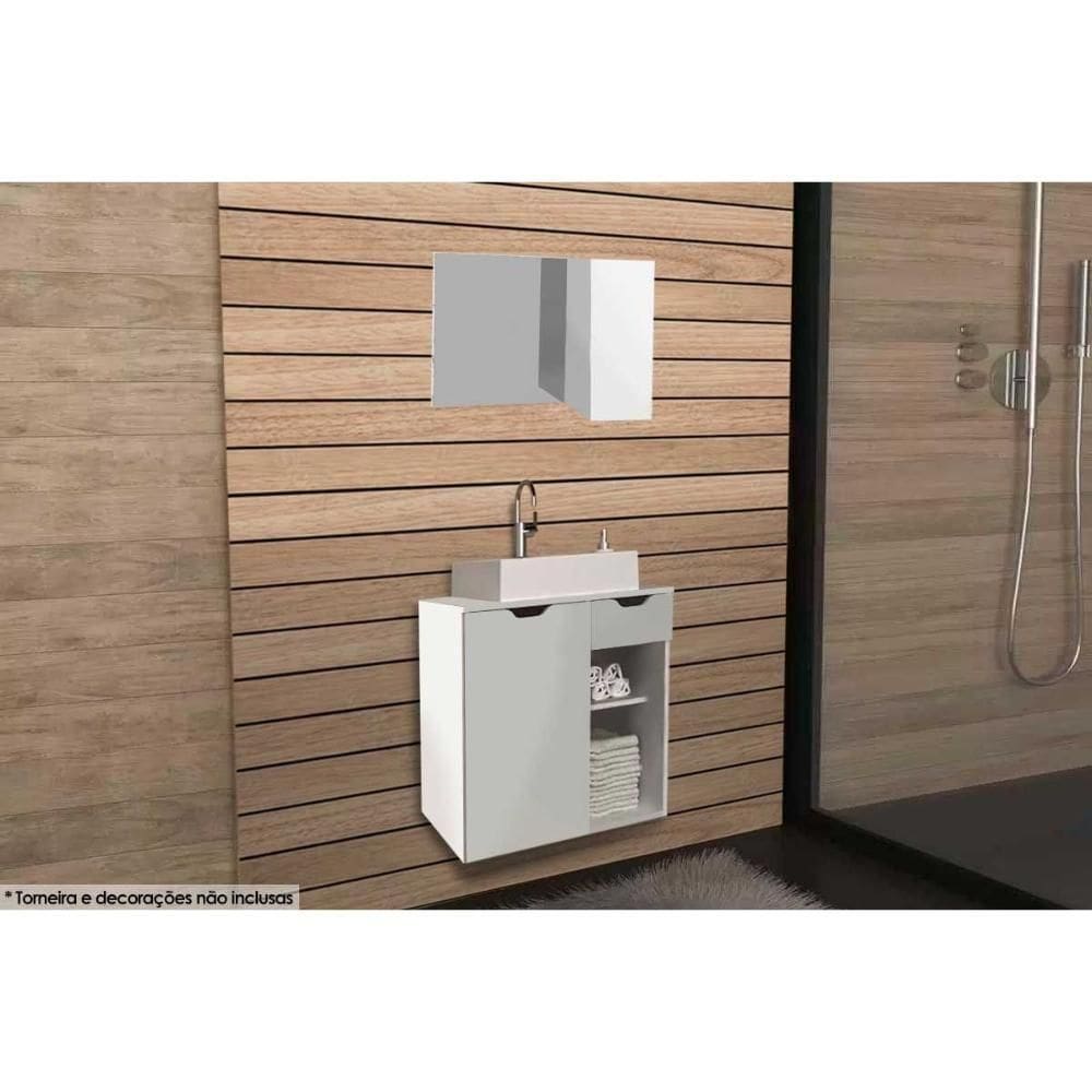 Armário C- Balcão Banheiro Suspenso Bn3605 Cuba Bn3600 60cm E Espelho Bn3602 Branco - Tecno Mobili