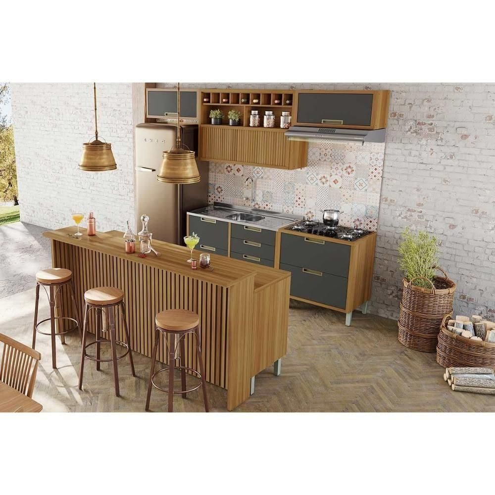 Kit De Cozinha Completa 8 Peças Imperatriz (3aéreos+4balcões+1ilha) C8p53 Freijo-grafite - Nesher