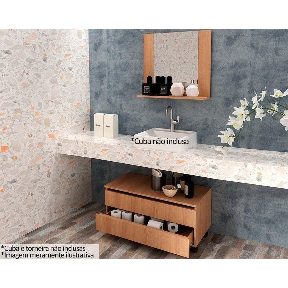 Armário C- Balcão Banheiro Rodizios Bn3603 S- Cuba 80cm E Espelho Bn3610 Amêndoa - Tecno Mobili