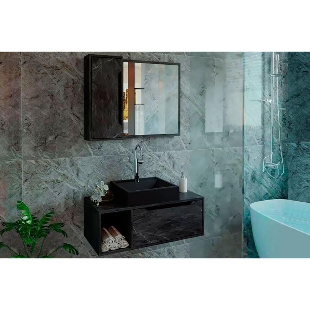 Armário C- Balcão Banheiro Suspenso Bn3644 E C- Rodízios Bn3643 80cm E Espelho Bn3645 80cm Mármore Lunar - Tecno Mobili