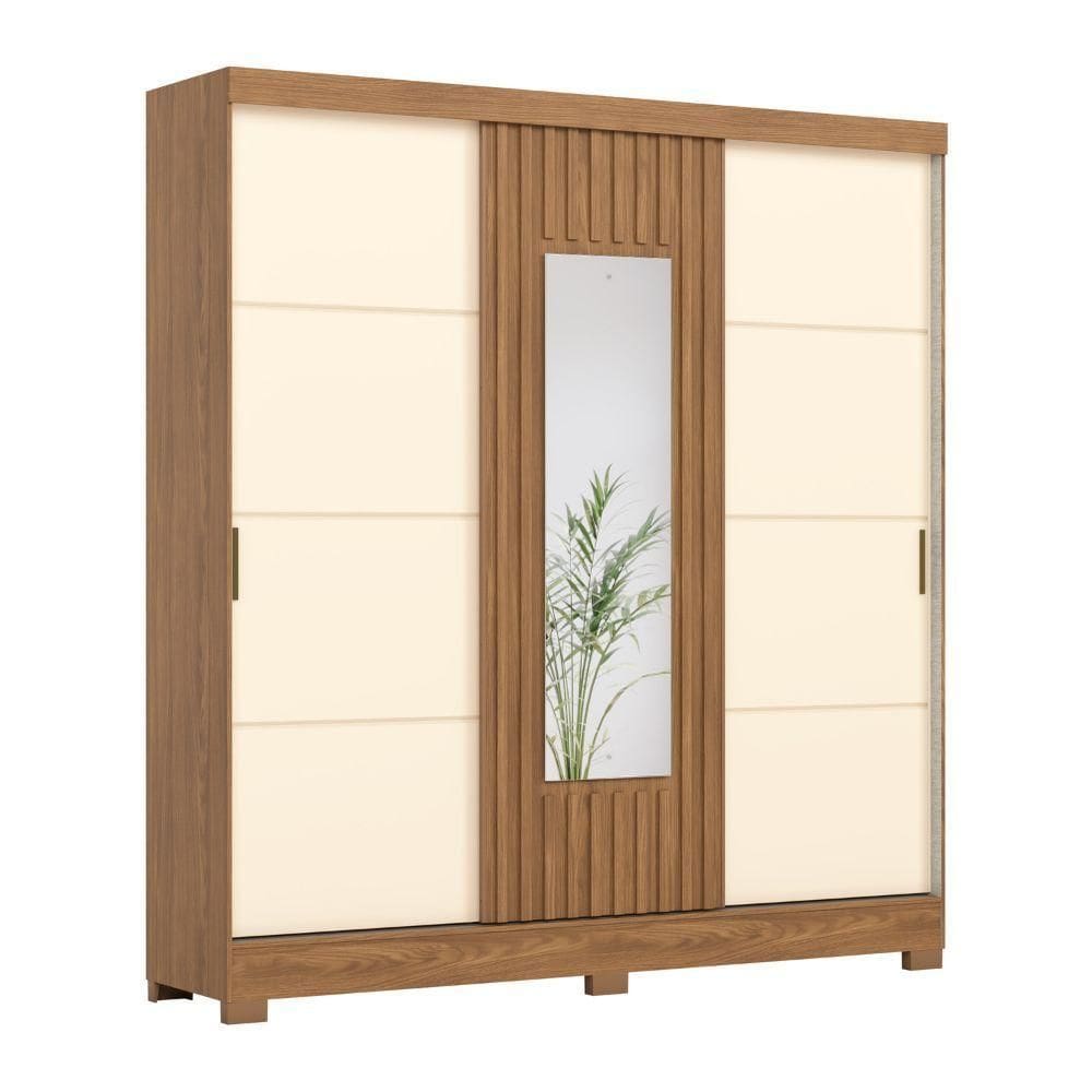 Guarda Roupas Casal 3 Portas De Correr Com Espelho Ripado 2 Gavetas Lotus Madeirado/off White