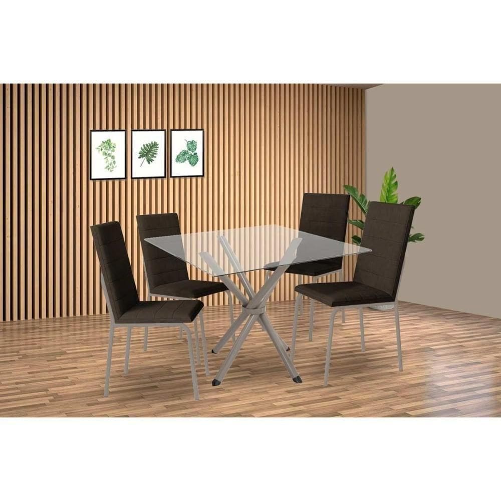 Conjunto: Mesa Sala Jantar Volga C- Tampo De Vidro 90cm E 4 Cadeiras Amsterdã Niquel - Courano Marrom - Kappesberg