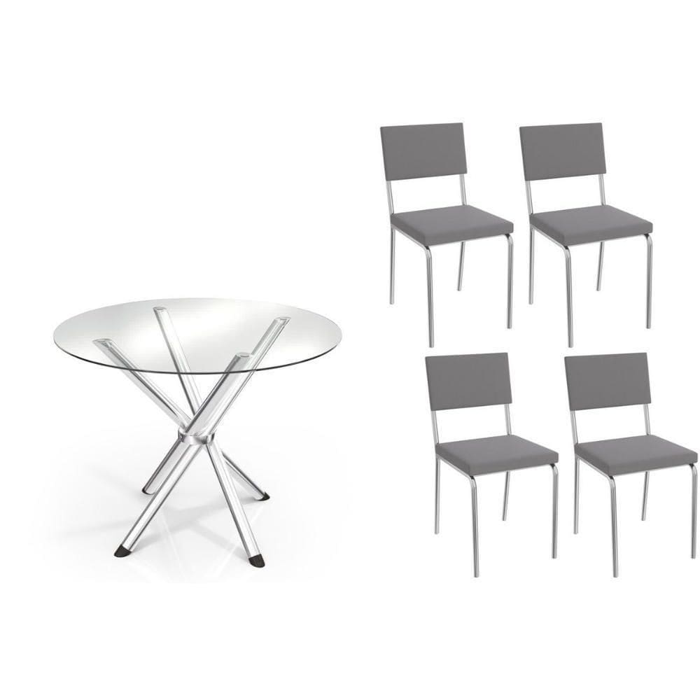 Conjunto: Mesa Sala Jantar Volga C- Tampo De Vidro 95cm E 4 Cadeiras Zaria Cromada - Suede Cinza - Kappesberg