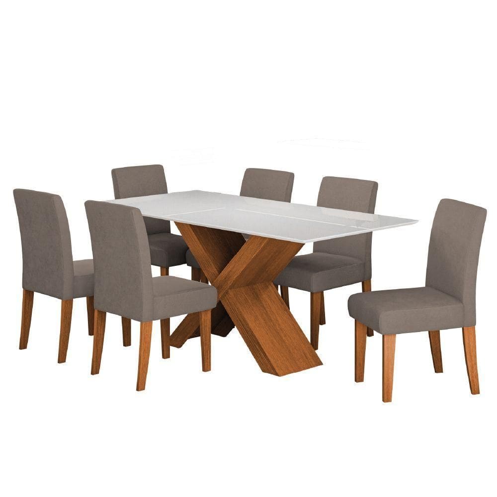Conjunto De Mesa Sala De Jantar Tampo Com Vidro 1,80m Grécia 6 Cadeiras Trieste Dobuê Madeirado/mascavo