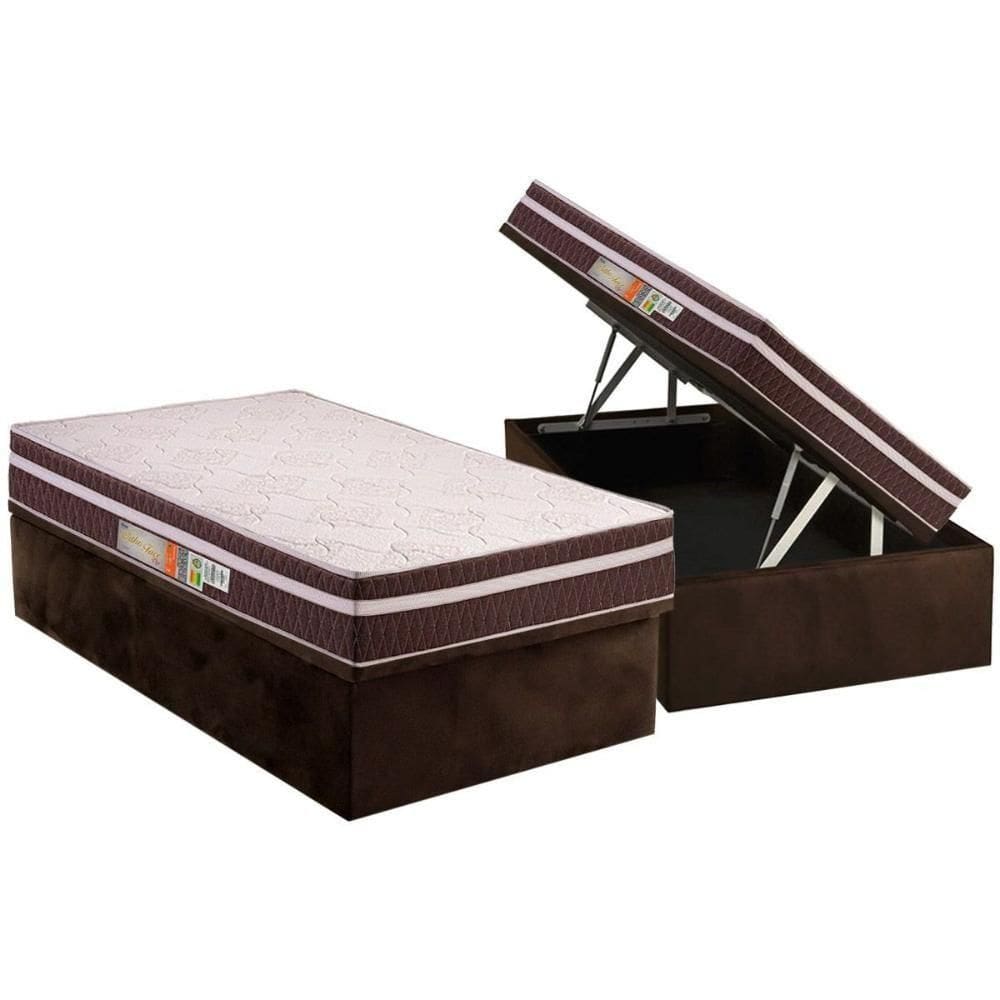 Cama Box Baú Solteiro: Colchão Anatômico D28 Orthoface Vip + Base Crc Suede Brown (88x188)