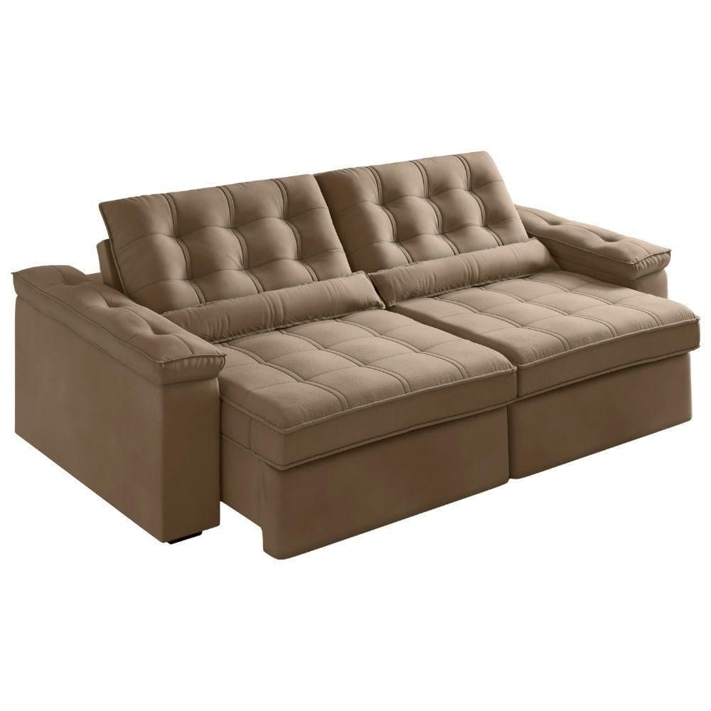 Sofá Retrátil E Reclinável 3 Lugares 2,12m Veludo Ilhéus Bege Castor