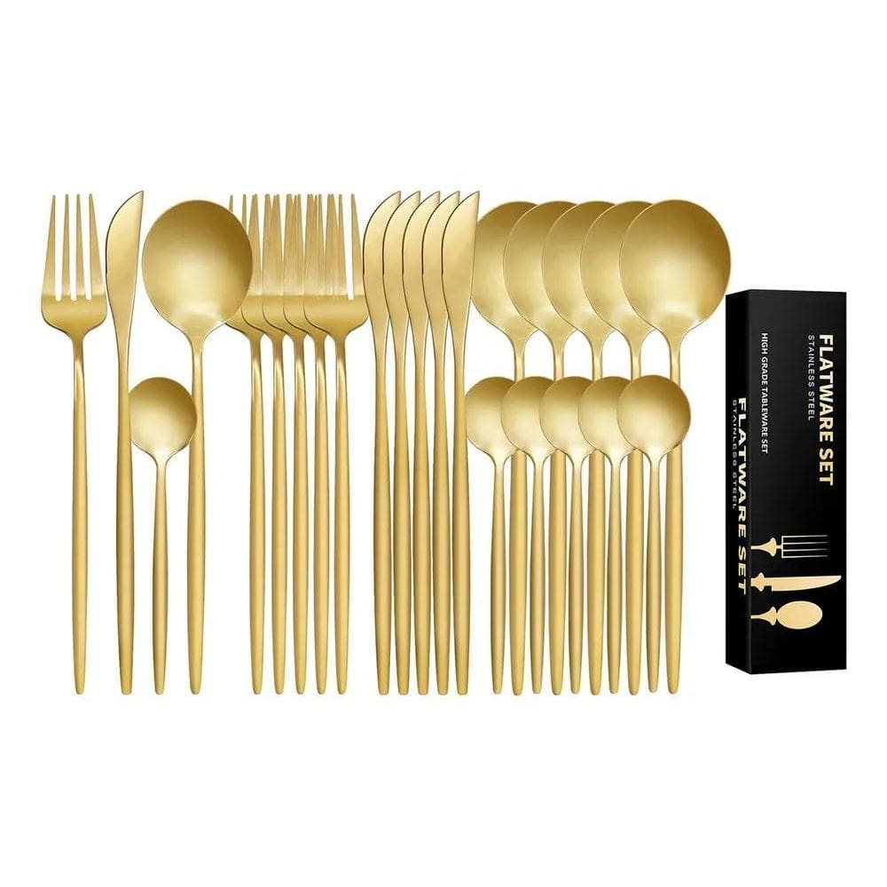 Kit 24 Peças Jogo De Talheres Dourados Aço Inoxidável 416 Co