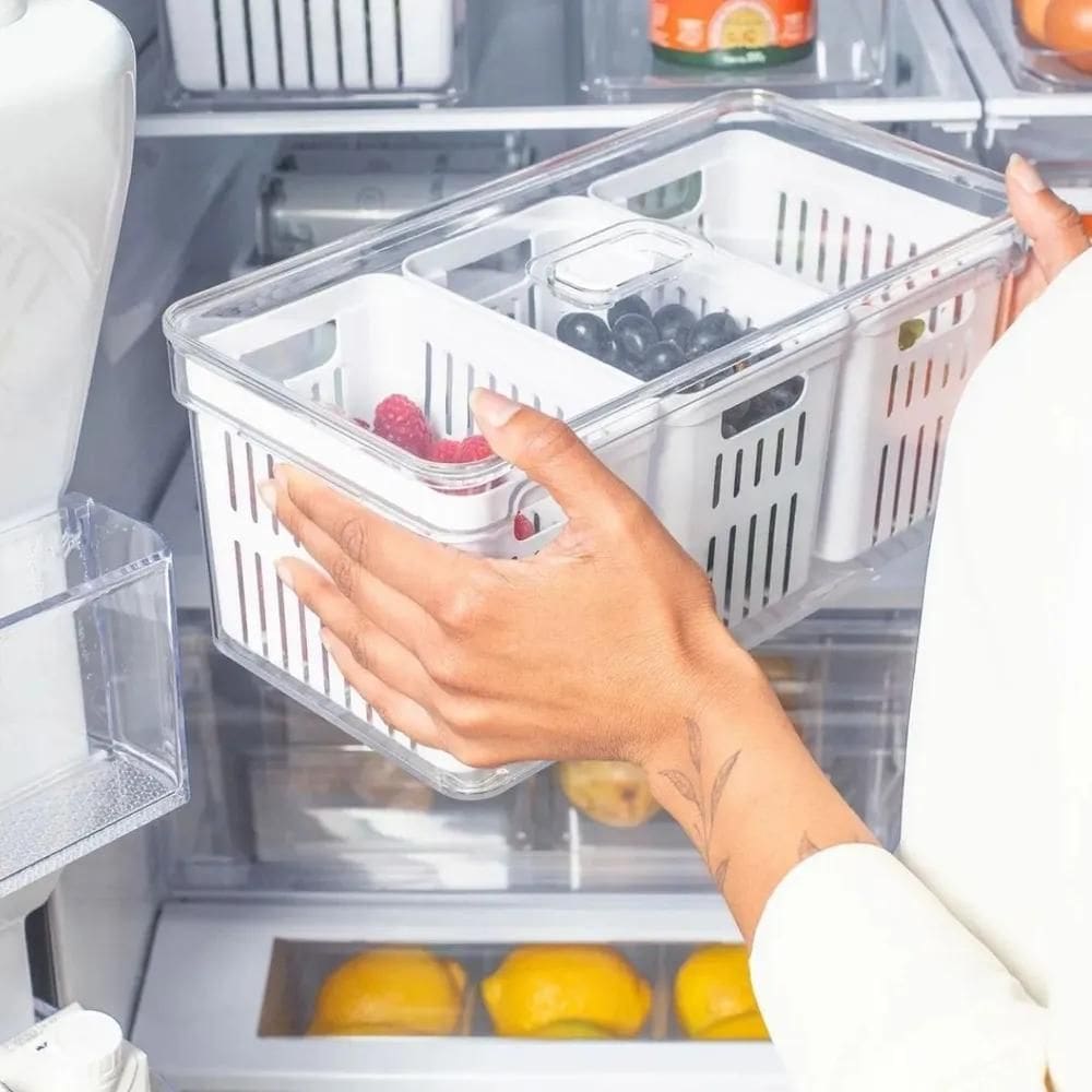 Organizador Geladeira Acrílico Três Cestos Drenagem 5 Litros