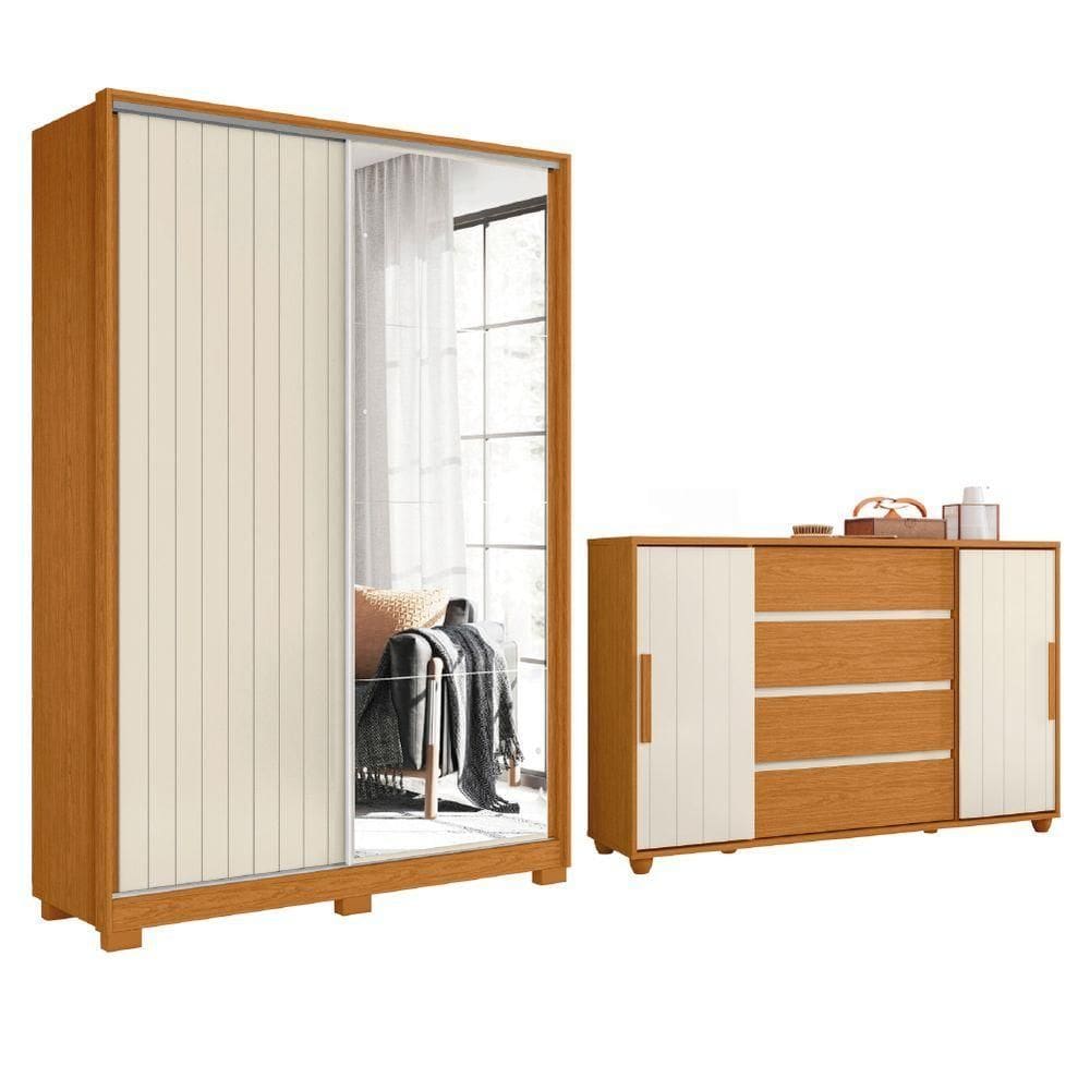 Conjunto De Quarto Guarda Roupas Com Espelho 2 Portas De Correr E Cômoda Hera Flex Madeirado/off Whi Madeir/off