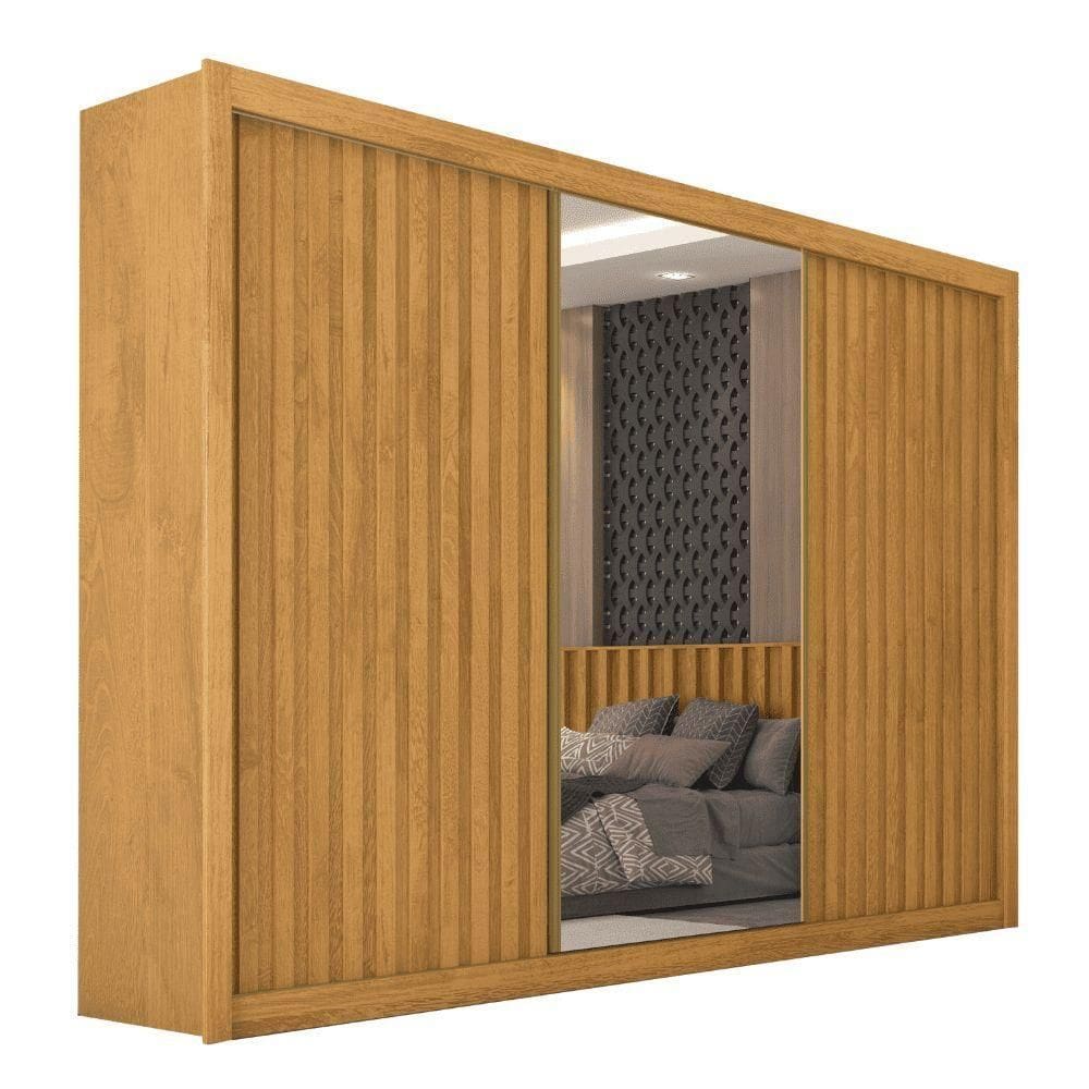 Guarda Roupas Casal 3 Portas De Correr Com Espelho Ripado 100% Mdf 6 Gavetas Dublin Madeirado