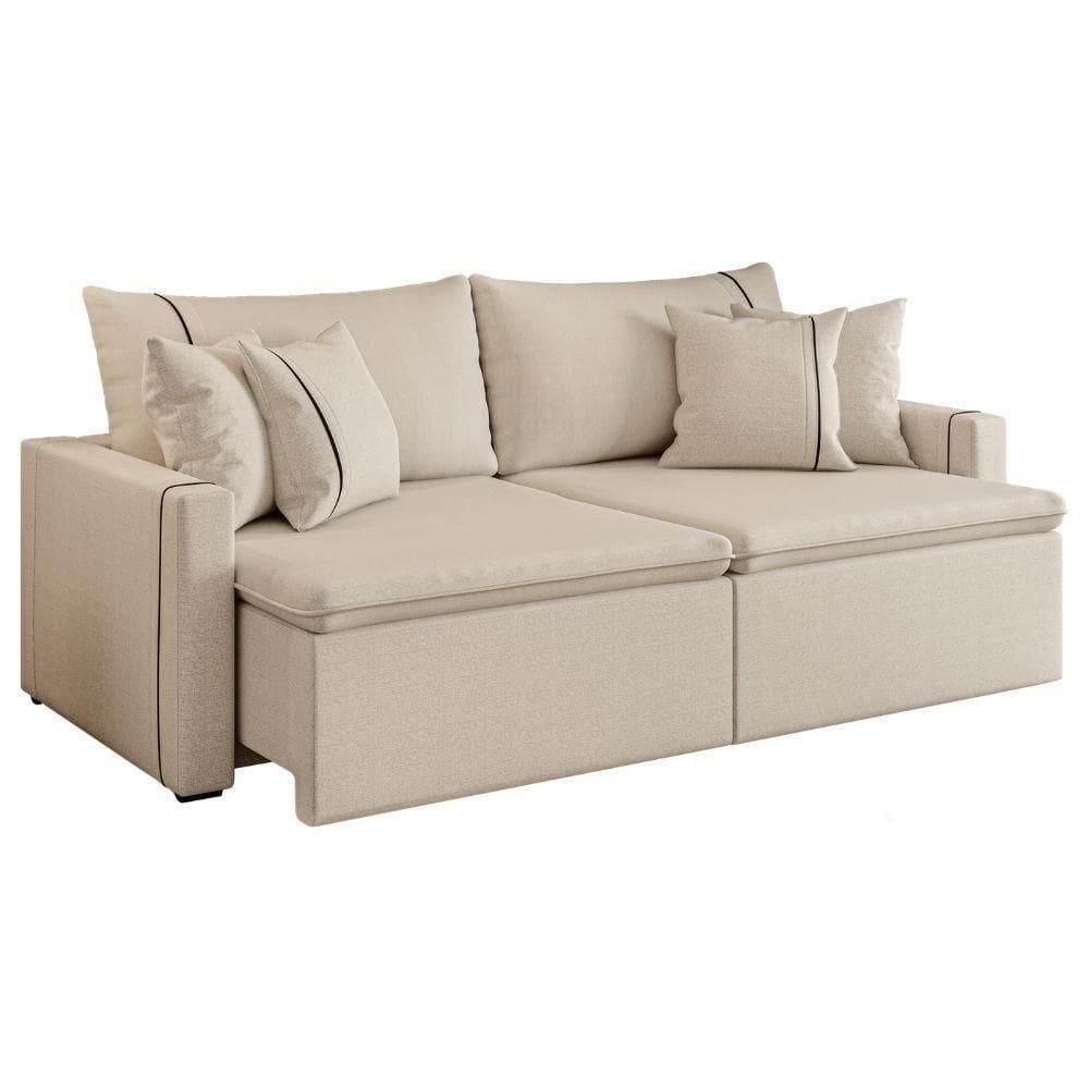 Sofá Cama Retrátil 3 Lugares 2,10m Com Almofadas Linho Focus Areia