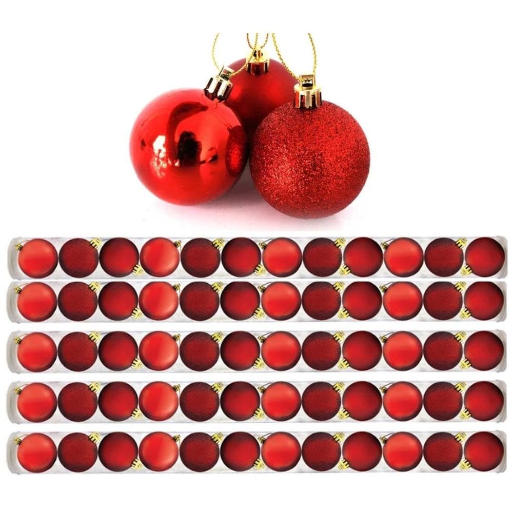 Kit 60 Bolas De Natal Mista Fosca, Lisa e Glitter Vermelha 5cm - Master Christmas