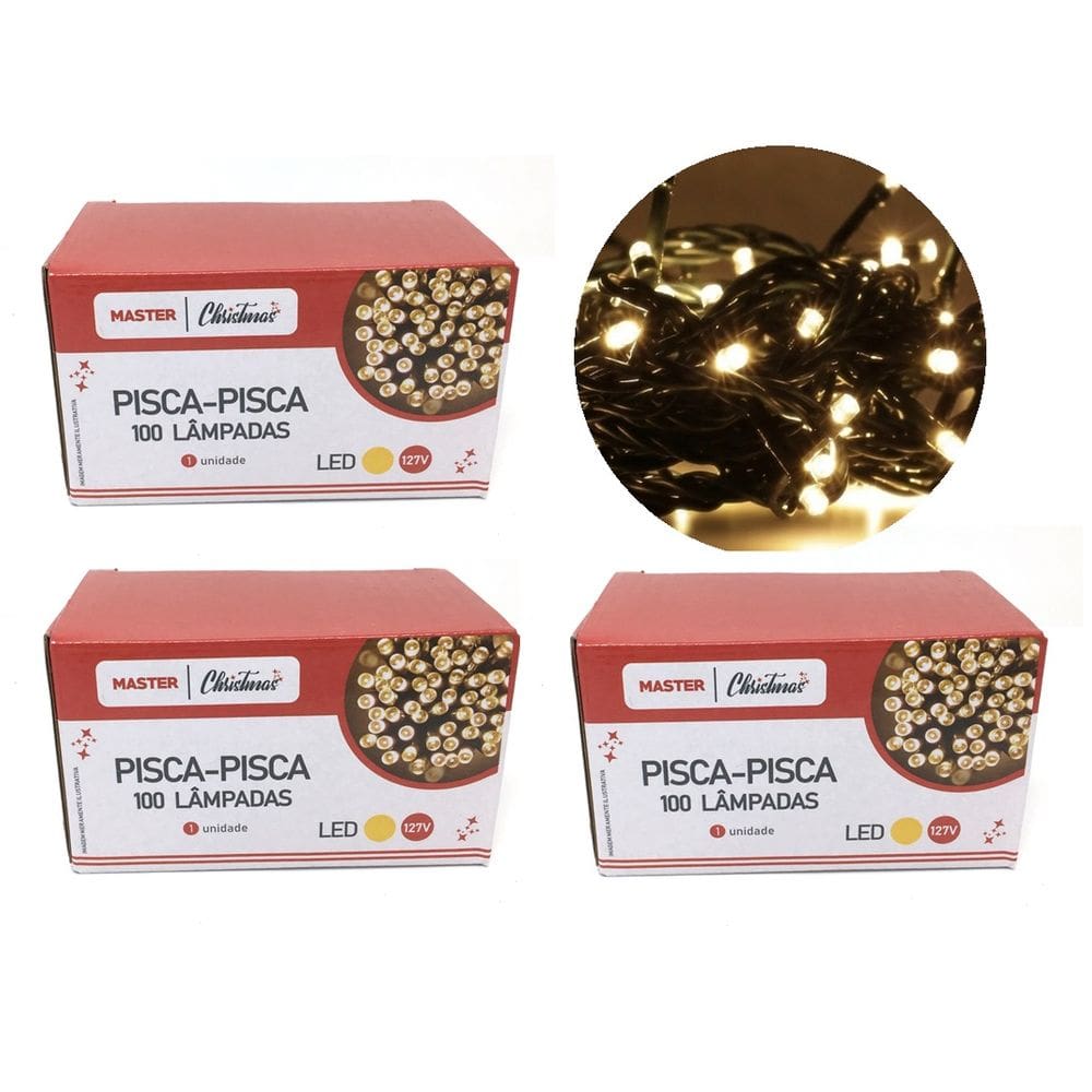 Jogo 3 Pisca Pisca 100 Lâmpadas LED Branco 8 Funções 127V