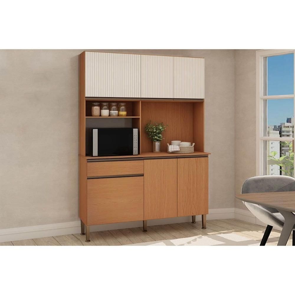 Kit de Cozinha Compacta Marina c/ 6 Portas (3 Ripadas) 2 Nichos e 1 Gaveta 140cm Freijo/White Laca - Genialflex