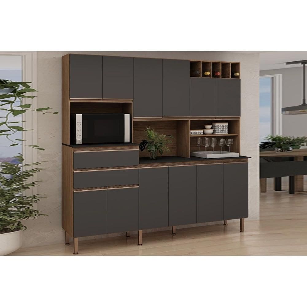 Kit de Cozinha Compacta Malbec Prime c/ 12 Portas e 2 Gavetas 204cm Ebano/Grafite - Genialflex