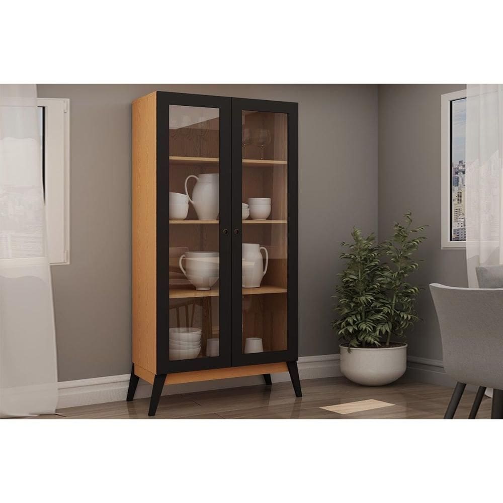 Cristaleira Sala Jantar Jamaica c/ 2 Portas c/ Vidro Cinamomo/Preto - Genialflex