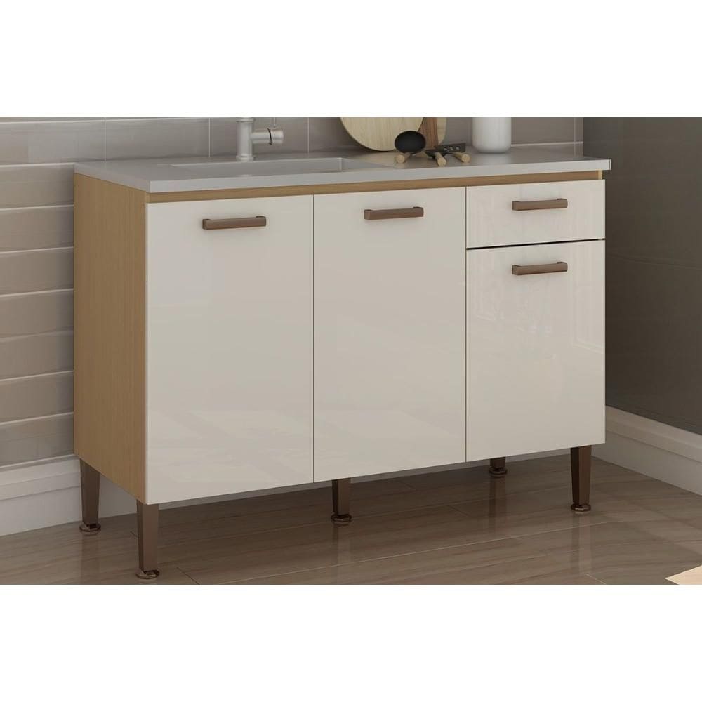 Balcão de Cozinha c/ Tampo Essência c/ 3 Portas e 1 Gaveta 120cm Freijo/White Laca - Genialflex