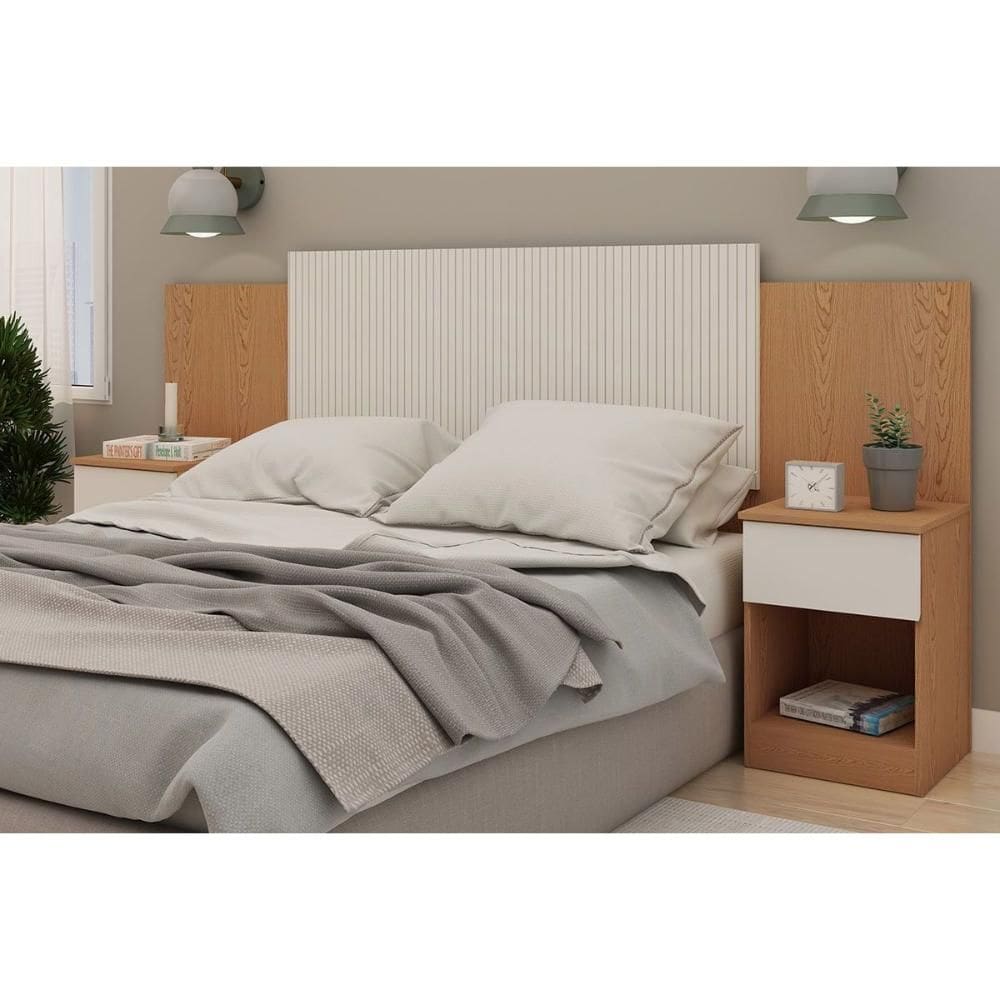 Cabeceira Cama Box Madeirado Casal Roma Frisado c/ 2 Mesas e 2 Gavetas Cinamomo/Off White - Genialflex