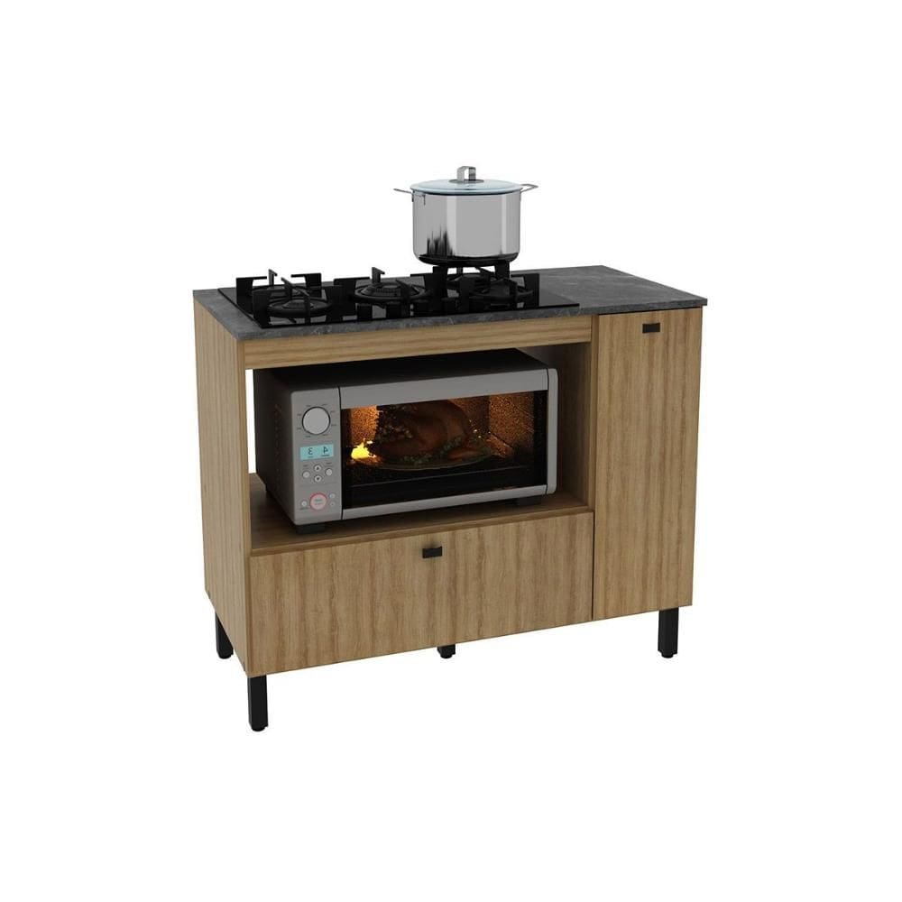 Balcão de Cozinha p/ Cooktop c/ Tampo BL3316 c/ 2 Portas e 1 Nicho 100cm Amêndoa/Marmore Lunar - Tecno Mobili