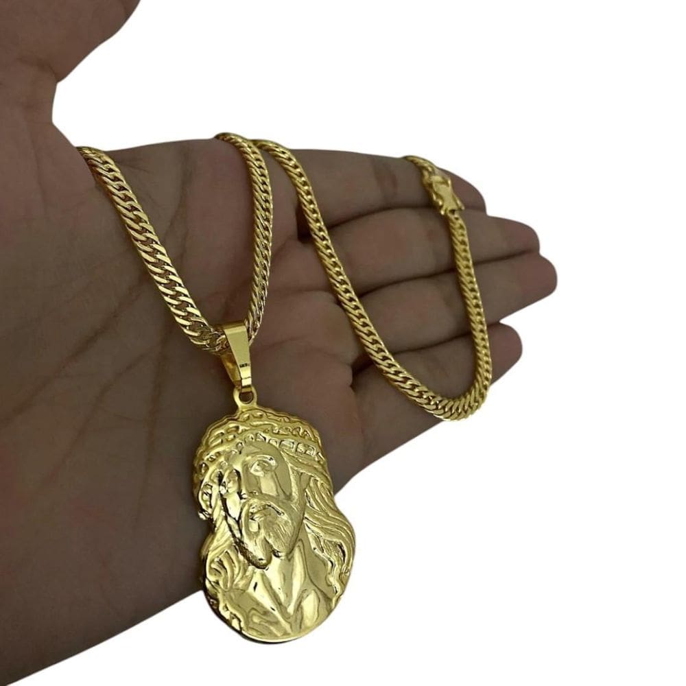 Cordão Grumet 3Mm + Pingente Rosto De Cristo Banhado A Ouro