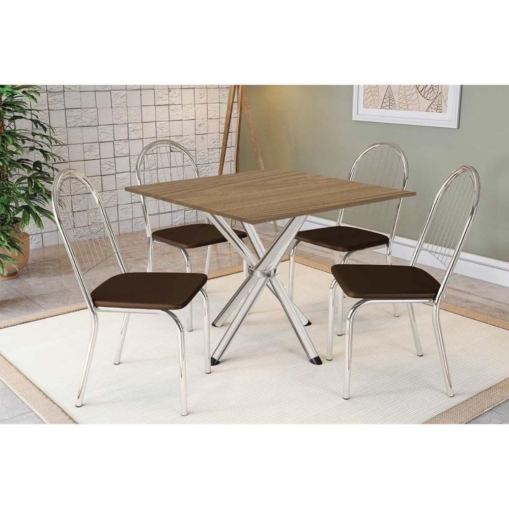 Conjunto: Mesa De Cozinha Volga C- Tampo De Madeira 90cm E 4 Cadeiras Noruega Cromado-nogueira - Marrom - Kappesberg
