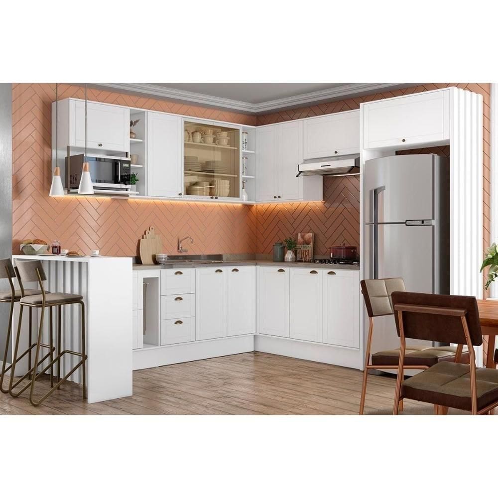 Kit Cozinha Modulada 15 Peças Bella 1 (5aéreos+5balcões+1ilha+4complementos) C15p58 Branco-carraro