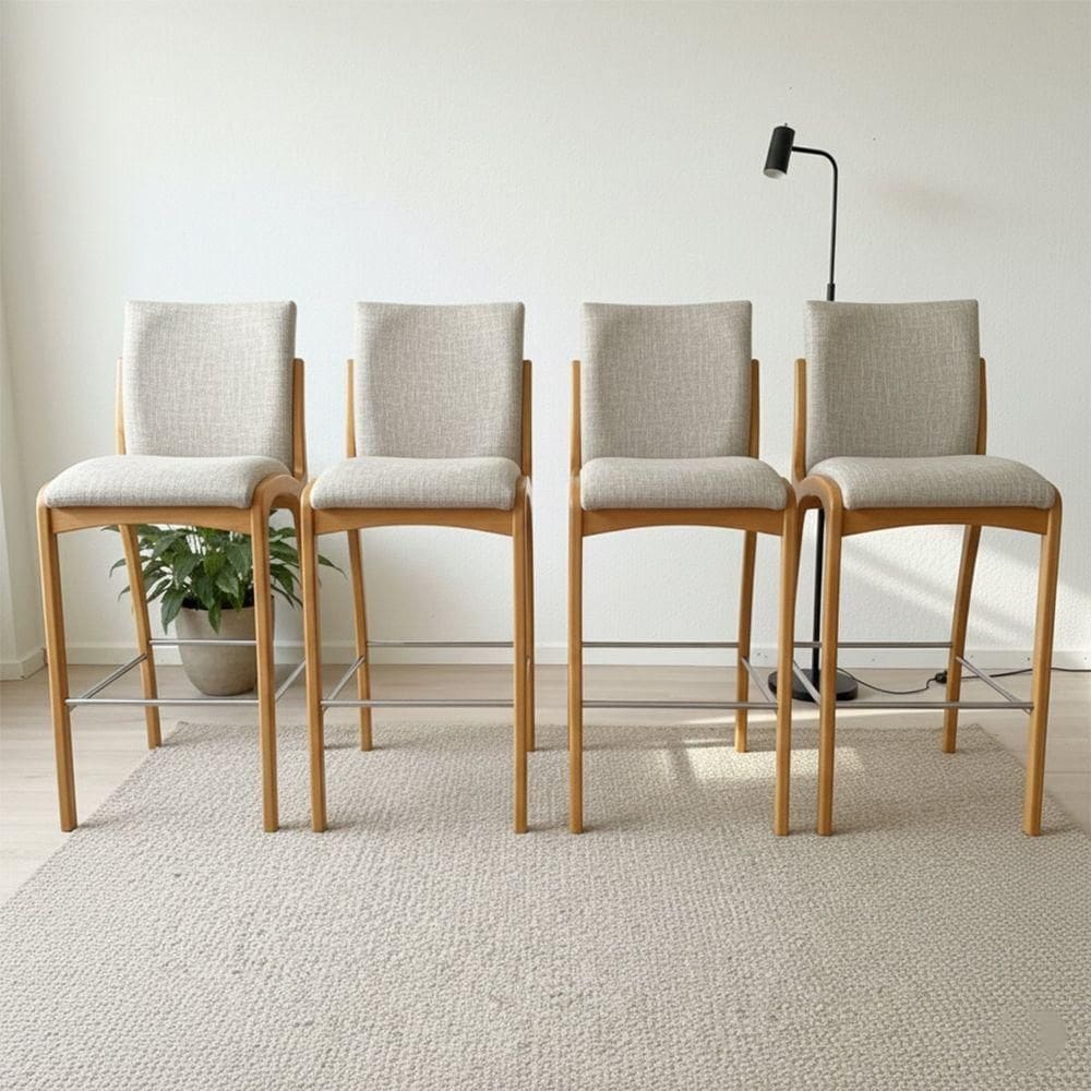 Kit 4 Banqueta Aura Alta Madeira Maciça E Linho 28 Areia Design Moderno Conforto Com Apoio Para Pés Mobília Decor