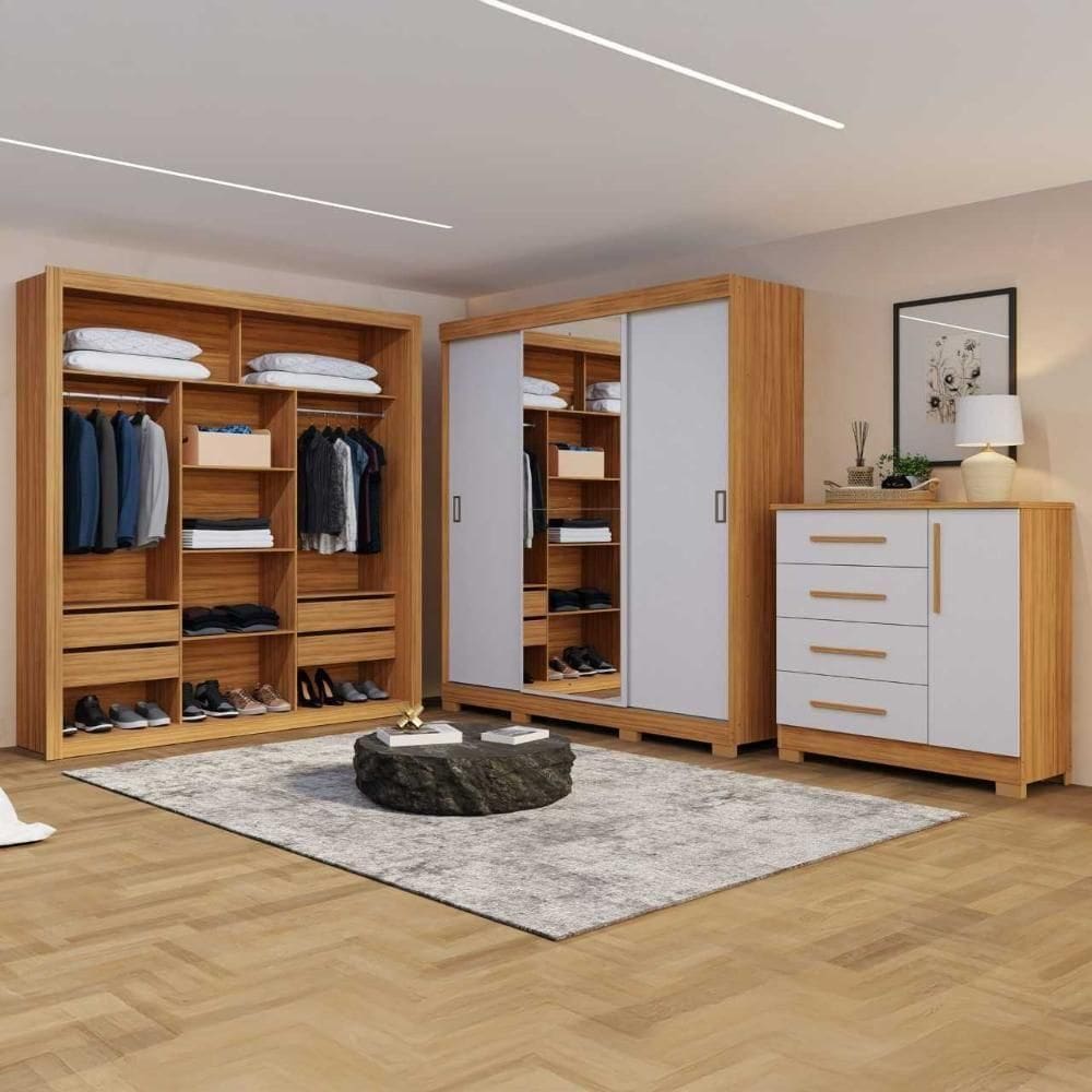 Conjunto Para Quarto Guarda Roupa Cômoda E Closet Freijó/off White Amoudi Móveis Freijó/off White