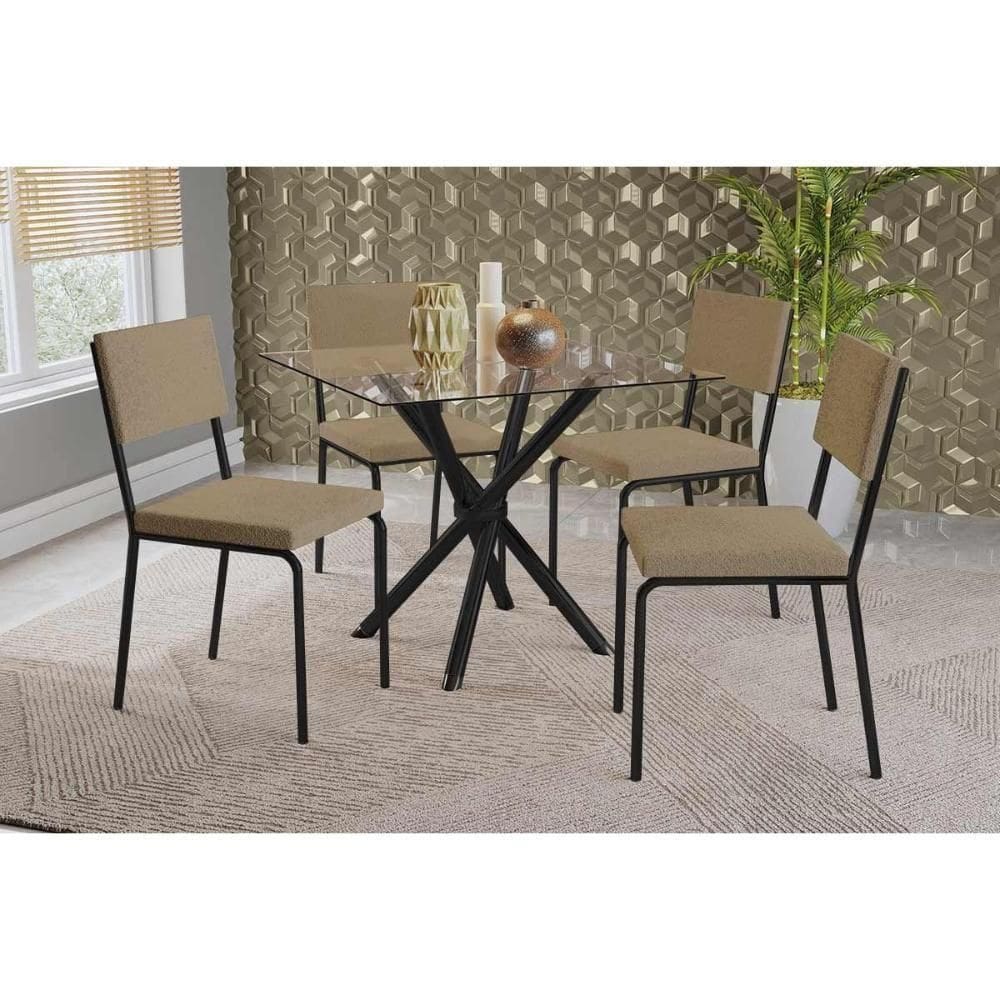 Conjunto: Mesa Sala Jantar Volga C- Tampo De Vidro 90cm E 4 Cadeiras Zaria Preto - Boucle Bege - Kappesberg
