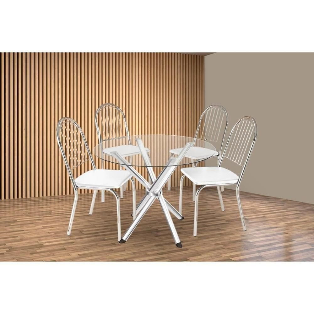 Conjunto: Mesa De Cozinha Volga C- Tampo De Vidro 95cm E 4 Cadeiras Noruega Cromada - Courano Branco - Kappesberg
