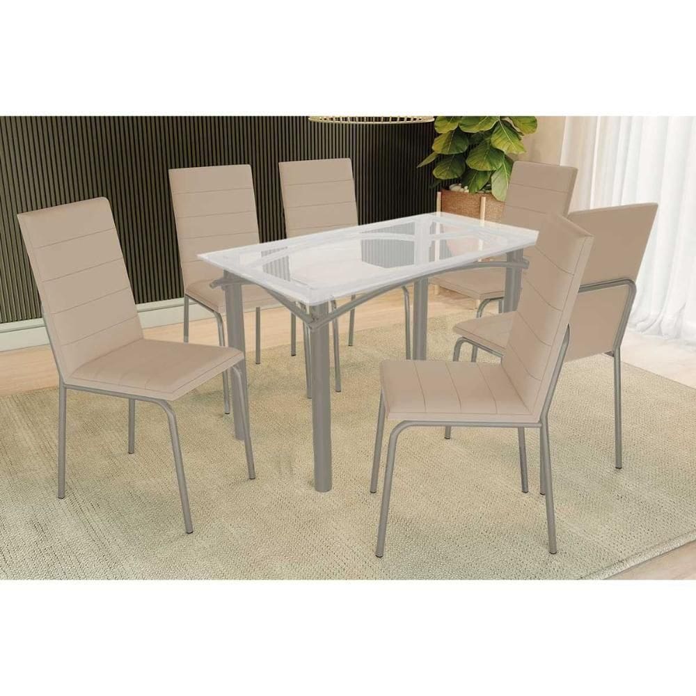 Conjunto: Mesa Sala Jantar Elba C- Tampo De Vidro 120cm E 4 Cadeiras Amsterdã Niquel - Courano Bege - Kappesberg