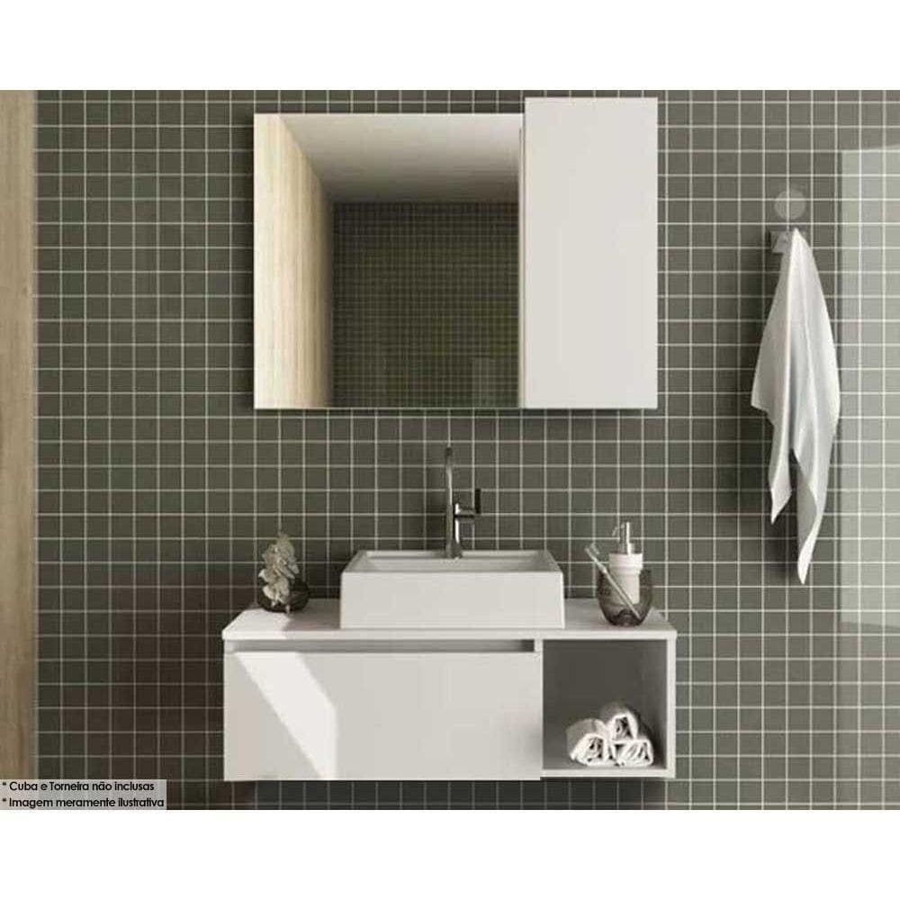 Armário C- Balcão Banheiro Suspenso Bn3601 S- Cuba 80cm E Espelho Bn3602 Branco - Tecno Mobili