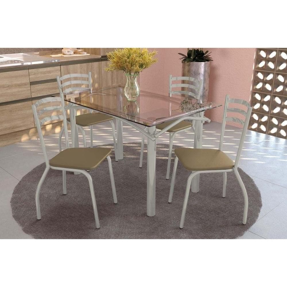 Conjunto: Mesa Sala Jantar Elba C- Tampo De Vidro 120cm E 4 Cadeiras Portugal Niquel - Courano Capuccino - Kappesberg