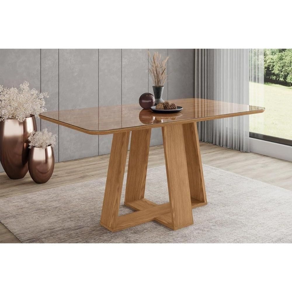 Mesa P- Cozinha Lins Sc92 C- Tampo Madeirado C- Vidro Curvo 160x90cm Nature - Henn