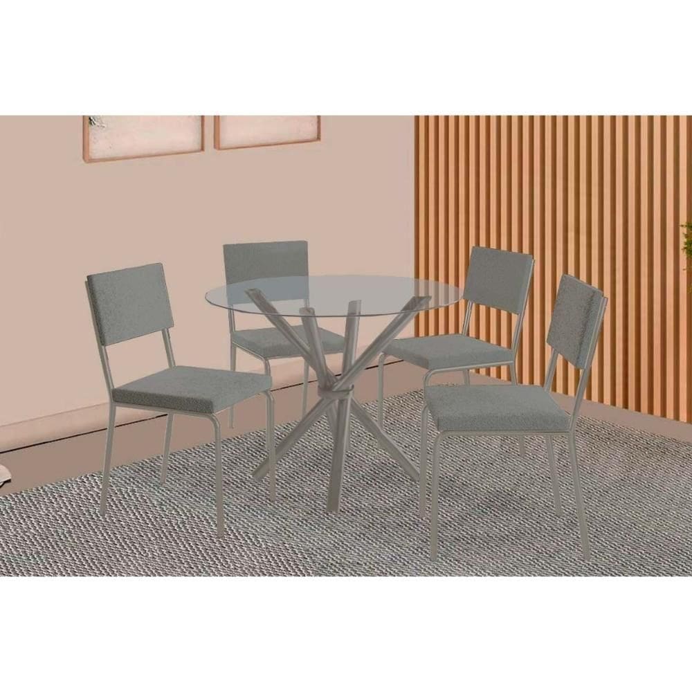 Conjunto: Mesa Sala Jantar Volga C- Tampo De Vidro 95cm E 4 Cadeiras Zaria Niquel - Boucle Cinza - Kappesberg