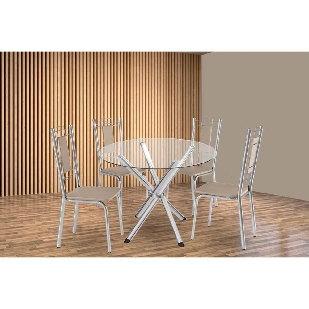Conjunto: Mesa De Cozinha Volga C- Tampo De Vidro 95cm E 4 Cadeiras Florença Cromada - Courano Bege - Kappesberg