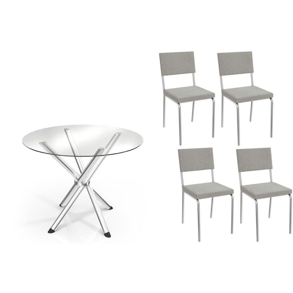 Conjunto: Mesa Sala Jantar Volga C- Tampo De Vidro 95cm E 4 Cadeiras Zaria Cromada - Boucle Cinza - Kappesberg