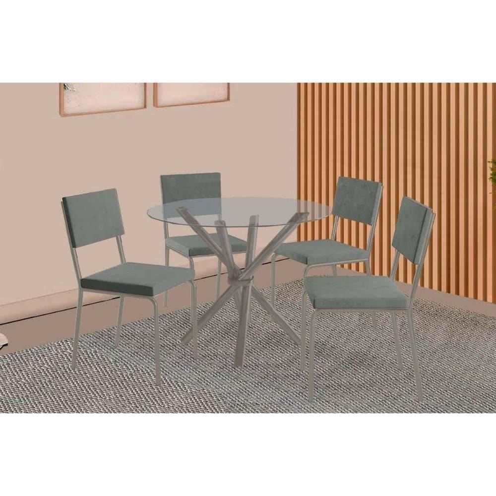 Conjunto: Mesa Sala Jantar Volga C- Tampo De Vidro 95cm E 4 Cadeiras Zaria Niquel - Suede Cinza - Kappesberg