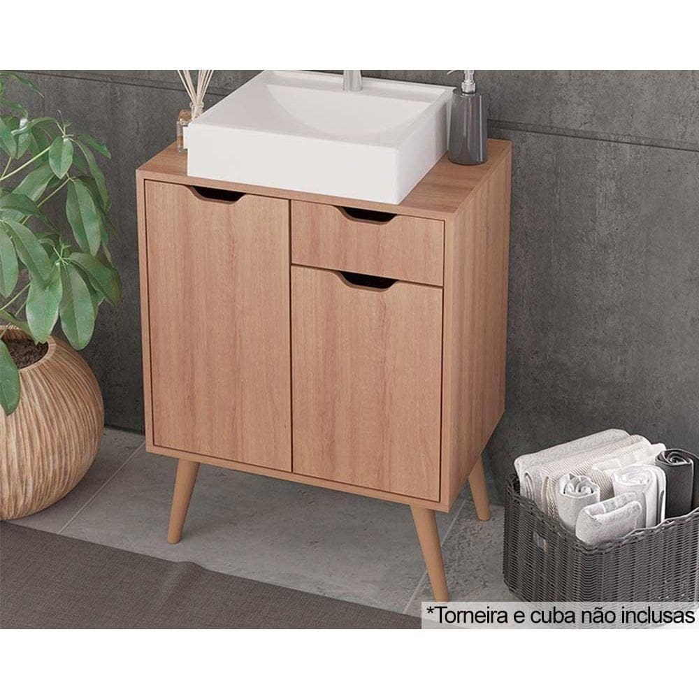 Bancada De Banheiro C- Pés Bn3637 S- Cuba C- 2 Portas E 1 Gaveta 60cm Amêndoa - Tecno Mobili