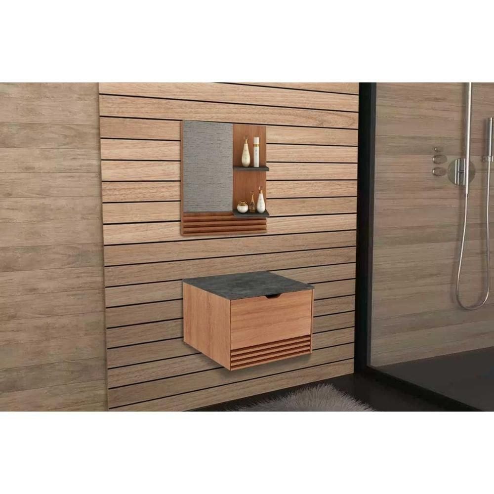 Armário C- Balcão Banheiro Suspenso Bn3613 S- Cuba 60cm E Espelho Bn3614 Amendoa-marmore Lunar - Tecno Mobili